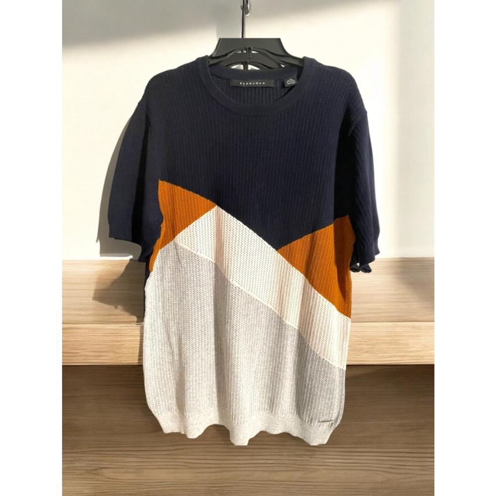 Men's Sean John short sleeve lightweight crewneck Sweater, 2XL, Navy brown gray